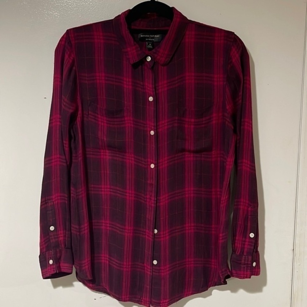Banana Republic Maroon and Black Plaid Button-Down Blouse